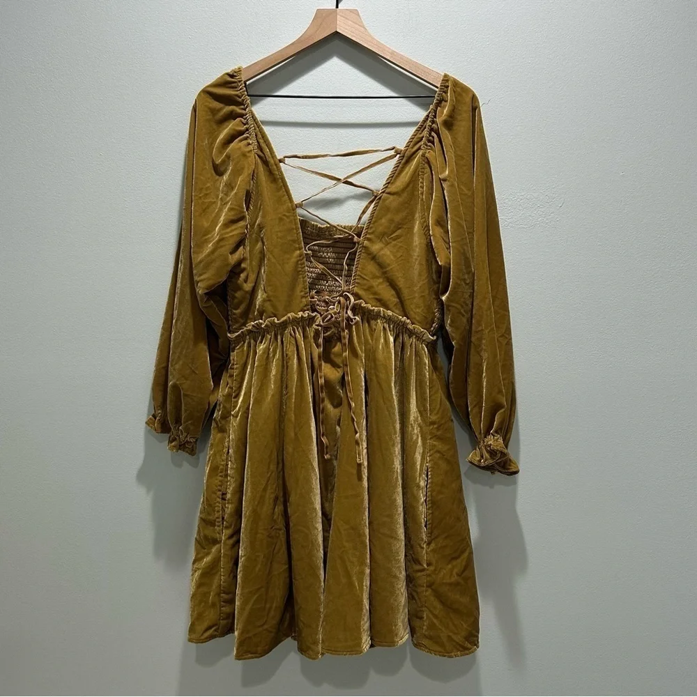 Free People Daphne Velvet Mustard Yellow Mini Dress